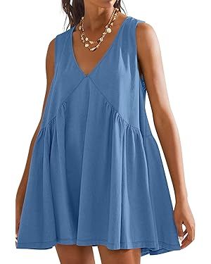 MEROKEETY Women's Summer 2024 Sleeveless Mini Dress V Neck Ruffle Casual Loose Flowy Beach Sundre... | Amazon (US)