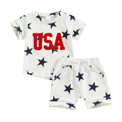 Amnnchya Baby Boy Girl 4th of July Outfit Toddler Fourth of July Clothes Infant USA Shirt and Stars Shorts Set (White Stars, 4-5 Years) | Amazon (US)