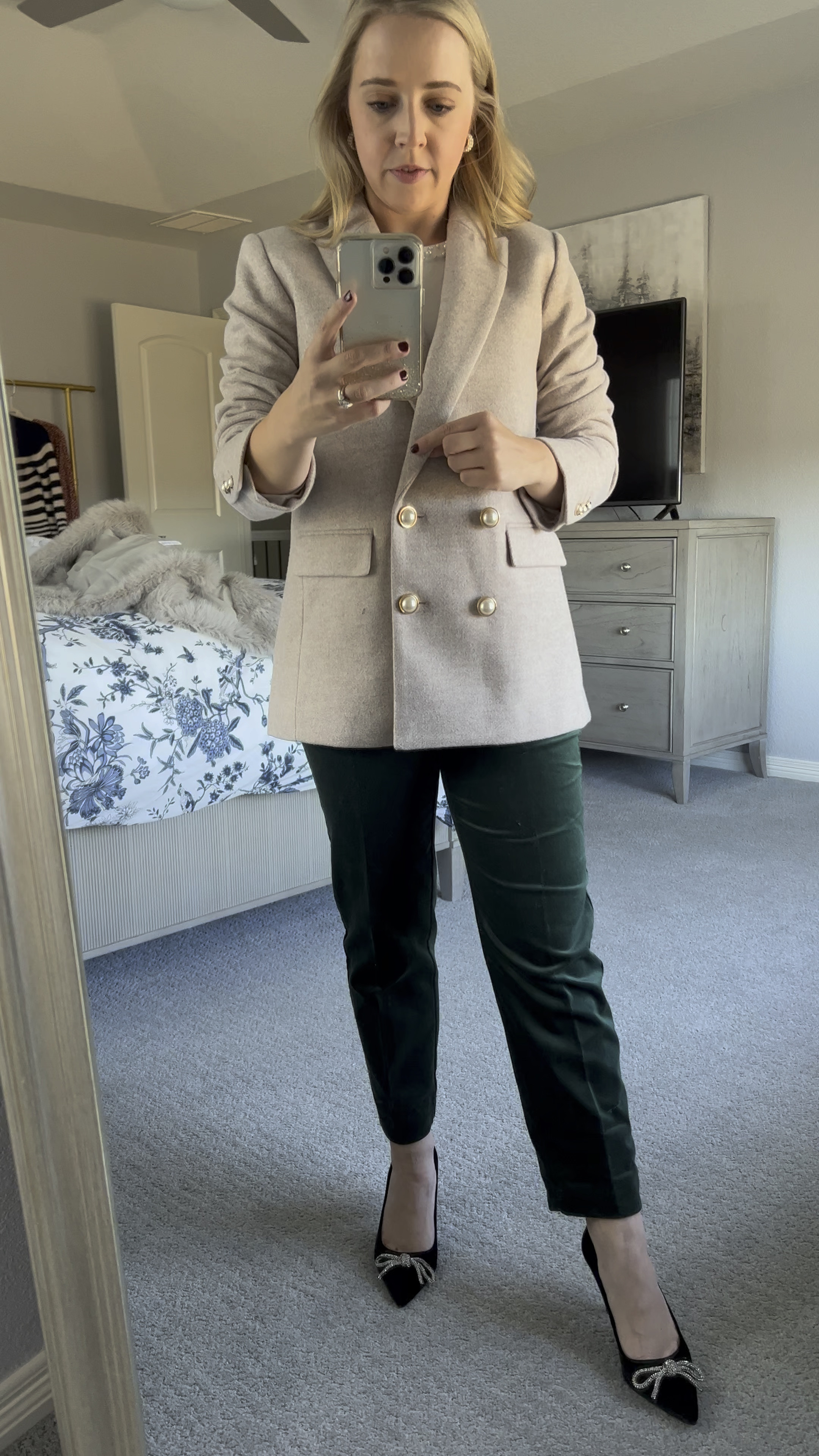 Herringbone blazer with pearl details. Wearing 4 petite. 4 petite velvet pants. Both fit TTS. Holiday outfit. Petite outfit. Holiday party. Blazer. Double breasted blazer. Petite. 

#LTKsalealert #LTKHoliday