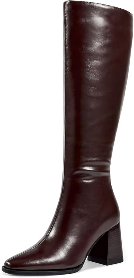 wetkiss Knee High Boots for Women, Chunky Boots with Side Zipper, Stretch Slit, Almond Toe, Stack... | Amazon (US)