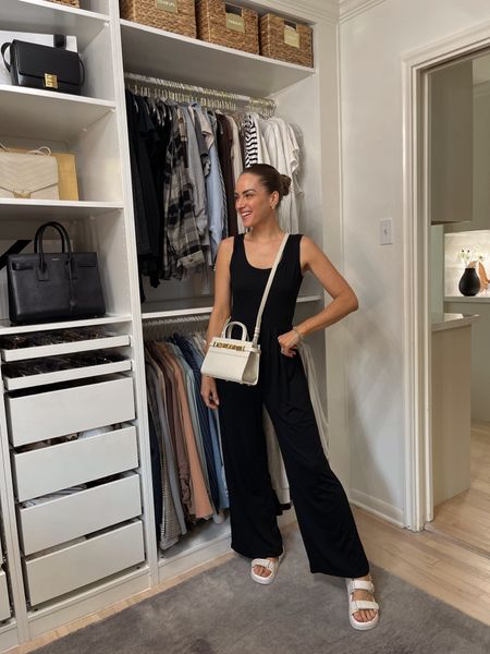 How cute is this black jumpsuit? I love it for a casual around the house look. It would also be great for travel! It runs TTS. // Amazon, Amazon find, black jumpsuit 