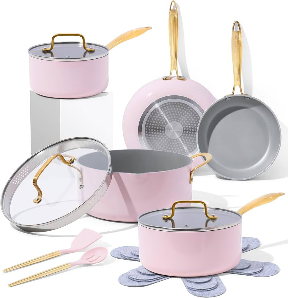 Styled Settings Pink Pots and Pans Set Nonstick - 15 PC Luxe Gold and Pink Cookware Set - Inducti... | Amazon (US)