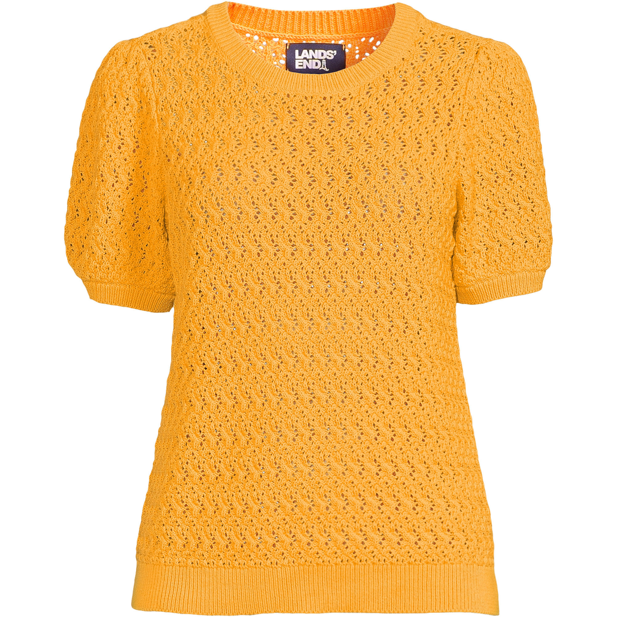 Women's Cotton Cable Puff Sleeve Crew Neck Sweater | Lands' End (US)