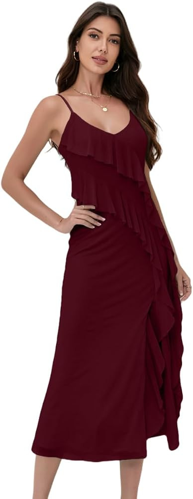 women'Printed Mesh Boho Floral Long Dress Ruffle Hem Slip Sleeveless V Neck Wrap Maxi Dress | Amazon (US)