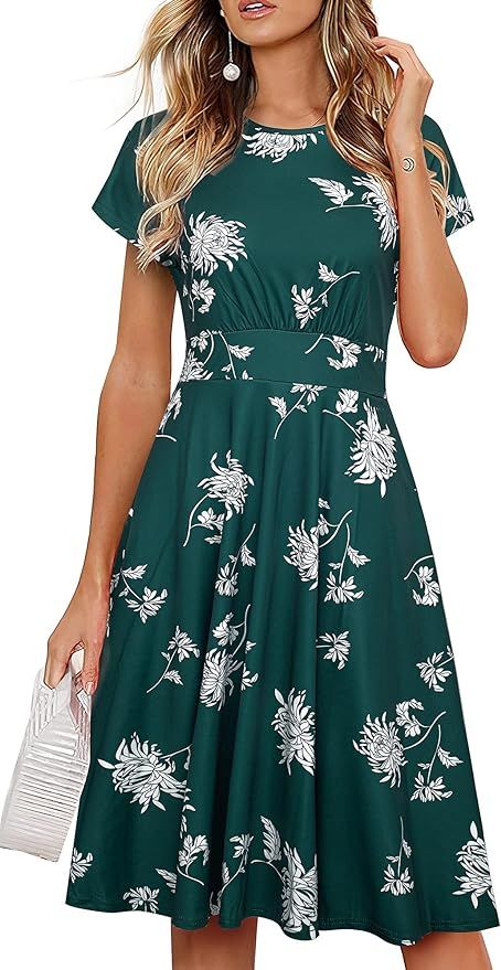 HOMEYEE Women's Short Sleeve Floral Casual Aline Midi Dress A102 | Amazon (US)