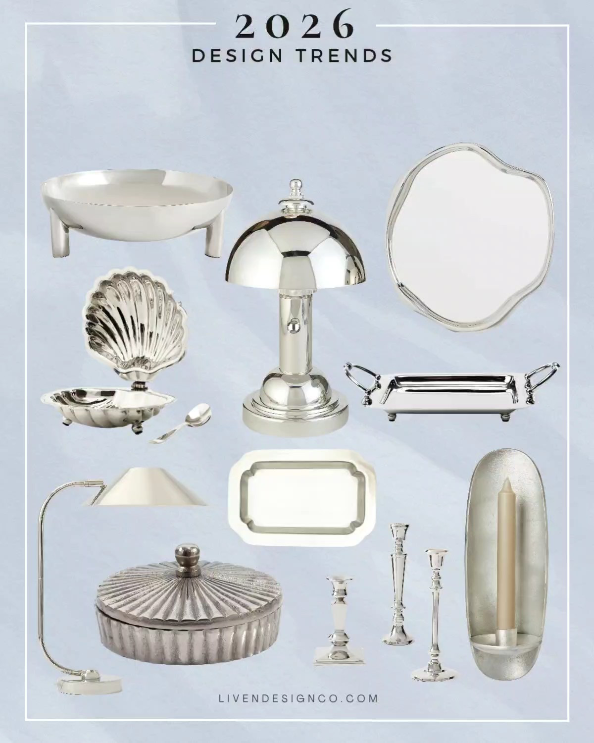 Interior design trends 2026. Silver accents. Chrome accents. Home decor. Nickel. Silver decorative bowl. Decorative box. Living room. Coffee table decor. Silver tray. Silver lamp. Vintage style metal lamp. Shell dish. Task lamp. Wall sconce. Asymmetrical mirror. Candlesticks 

#LTKSeasonal #LTKHome #LTKSaleAlert