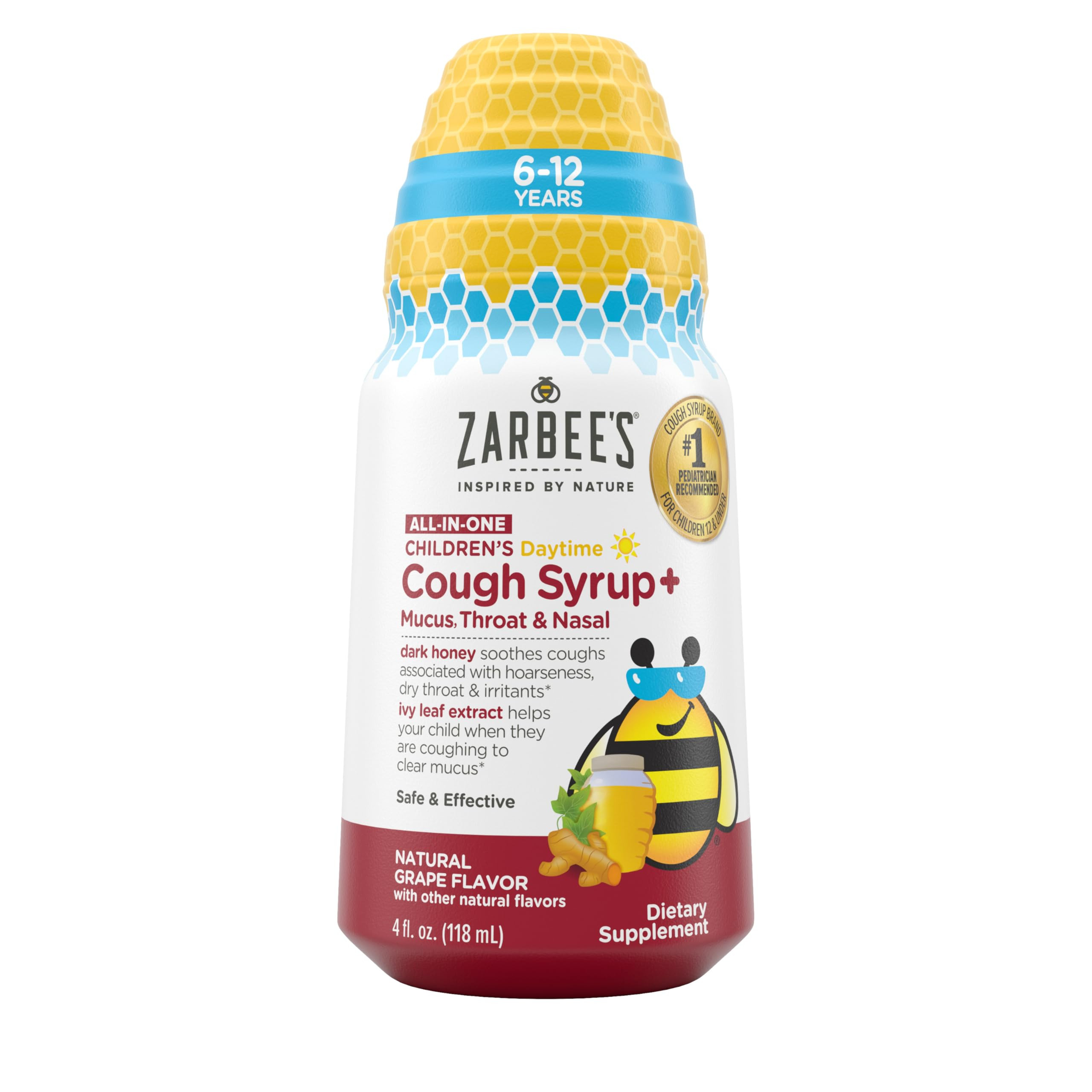 Zarbee's Children's Daytime All-in-One Honey Cough Syrup + Mucus, Throat & Nasal for Kids 6-12 + ... | Amazon (US)