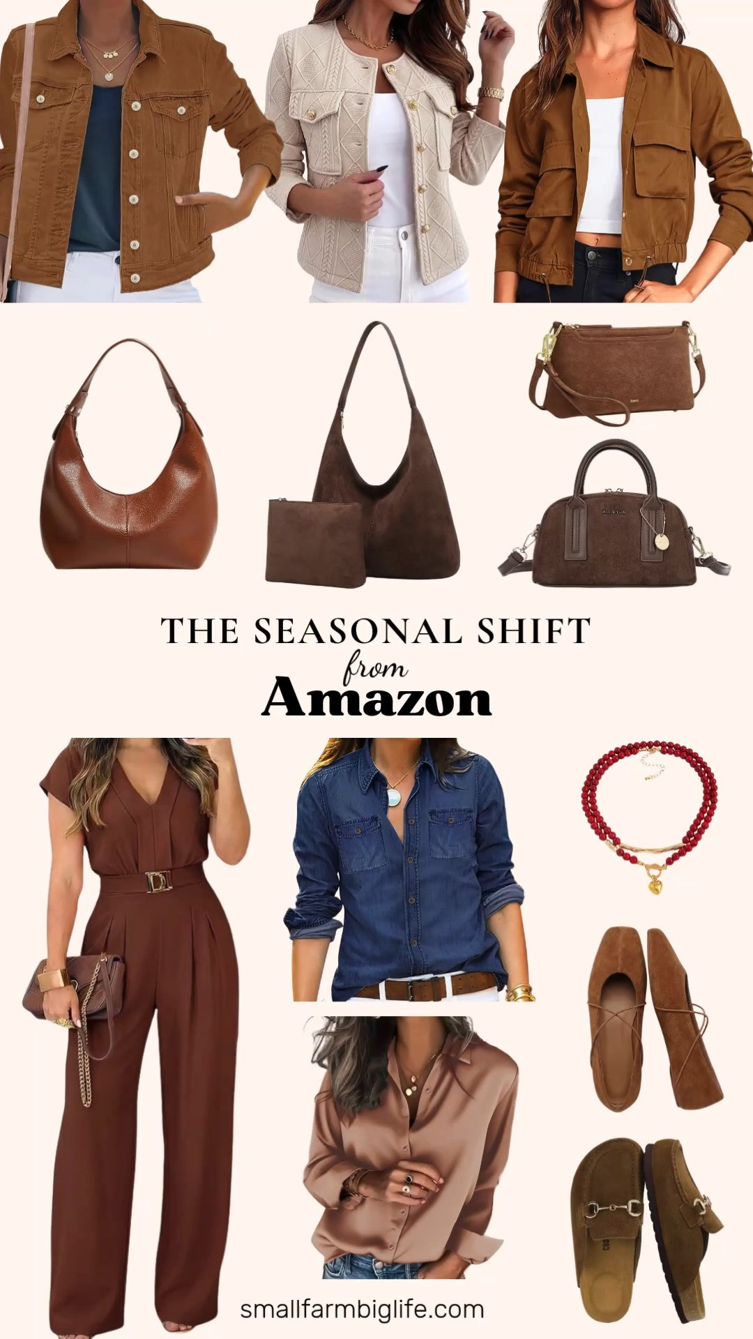 Sharing my favorite Amazon finds for shifting your closet into the new season.

The dark brown slouchy suede hobo bag has a soft crescent tote shape, perfect for work or travel. The cognac vegan leather hobo bag and the coffee brown small suede crossbody bag are both great everyday purse options, while the brown genuine leather crossbody bag is a small, versatile piece for travel or shopping.

For denim, the caramel brown fitted stretch jean jacket and the indigo dark blue chambray denim shirt are both easy layering pieces for fall.

Outerwear is strong this season too. The beige argyle cable knit bomber jacket, the caramel brown military safari cropped jacket, and the brown gold buckle suede clog mules all bring great texture and detail into your fall wardrobe.

The toffee satin button down blouse is a dressy casual option perfect for business casual outfits, and the caramel brown criss cross strap Mary Jane flats are comfortable enough for daily wear.

Rounding it out, the red and gold chunky beaded choker necklace adds a bold statement piece to any fall outfit.

#amazonfashion #fallwardrobe #falltransition #amazonfashionfinds #fallstyle 

 #LTKootd #LTKOver40 #LTKWorkwear