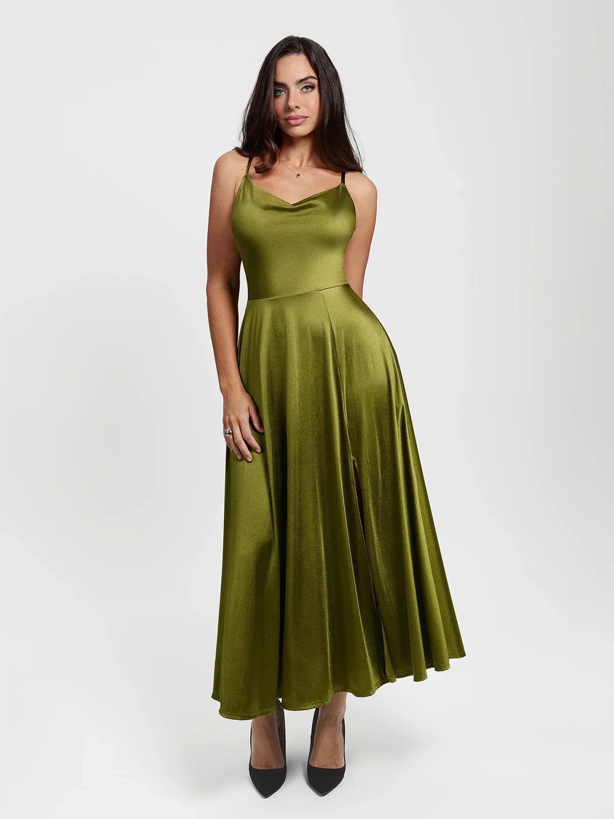 Shapewear Strappy Cowl Neck Fit & Flare Maxi Dress | Popilush