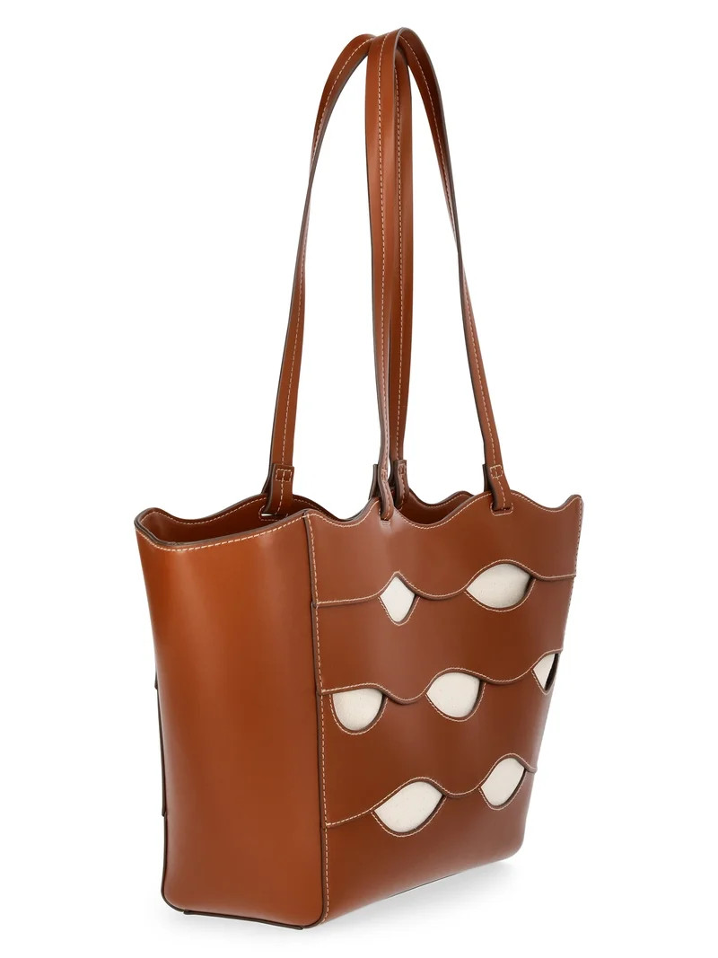 Free Assembly Women's Allegra Faux Leather Cut Out Tote Handbag, Cognac/Cream | Walmart (US)