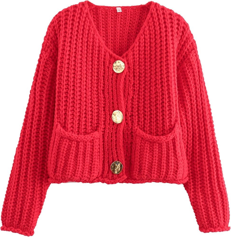 Zhiyouni Women's Cropped Cardigan Sweater Long Sleeves Button Down Chunky Knitted Coat | Amazon (US)