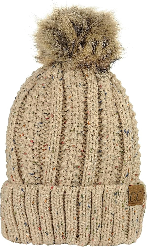 C.C Thick Cable Knit Faux Fuzzy Fur Pom Fleece Lined Skull Cap Cuff Beanie | Amazon (US)