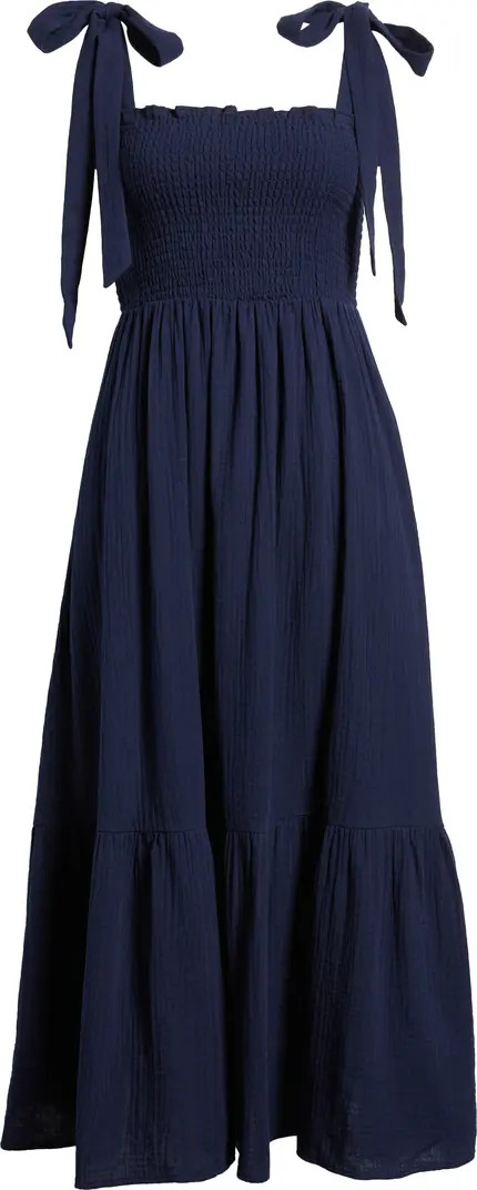 Caslon® Smocked Tie Strap Cotton Gauze Midi Sundress | Nordstrom | Nordstrom