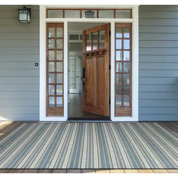 Samantha Sand Stripe Blue- Beige Indoor/ Outdoor Area Rug - 2' x 3'7" | Bed Bath & Beyond