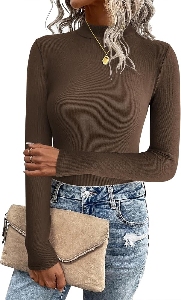 Zeagoo Women's Long Sleeve Stretch Shirts Mock Neck Ribbed T-Shirt Fitted Casual Basic Tops 2024 | Amazon (US)