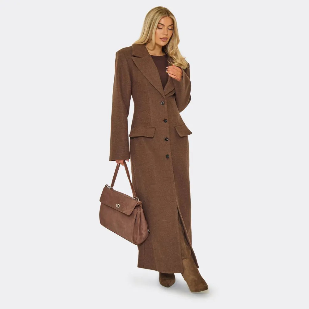 Long Sleeve Cinched Waist Blazer Wool Look Maxi Coat In Chocolate Brown | EGO (UK)