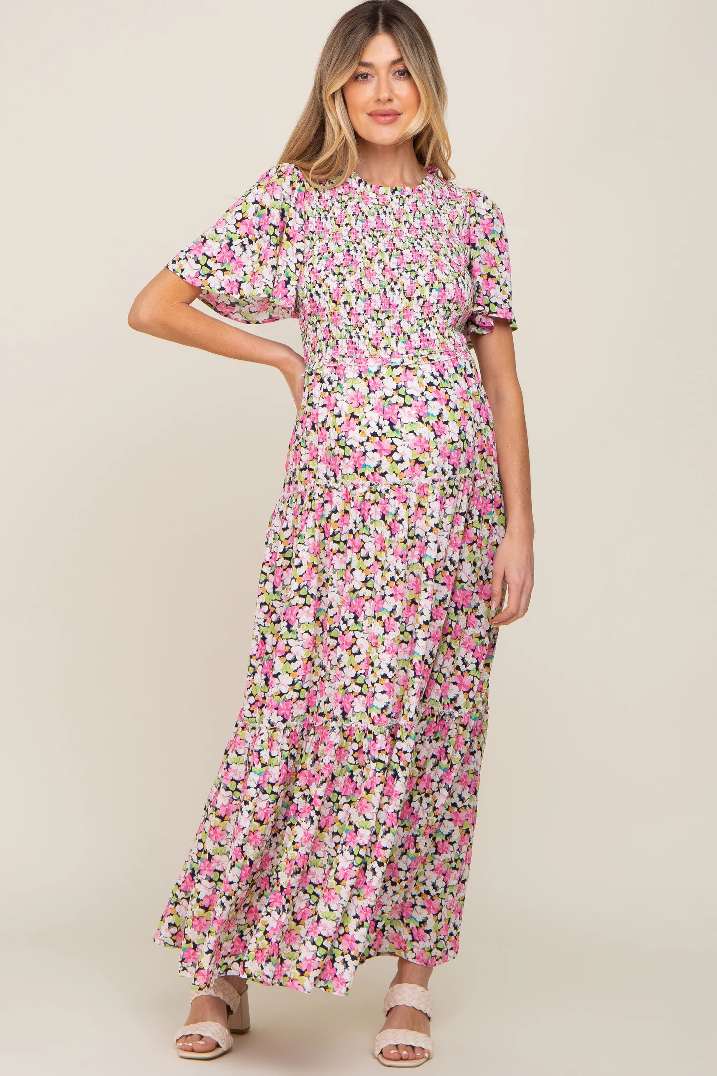Black Floral Smocked Tiered Maternity Maxi Dress | PinkBlush Maternity