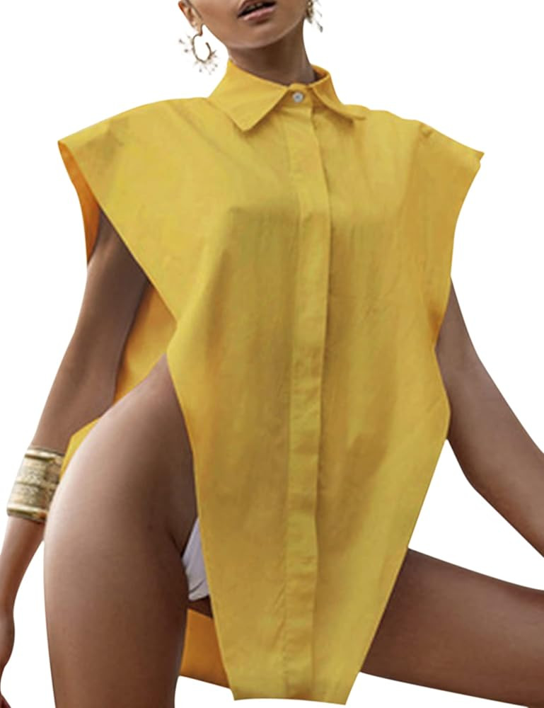 MISSACTIVER Women Y2K Solid Turn-Down Long Shirt Sexy Button Up Hollow Out Oversized Sleeveless S... | Amazon (US)