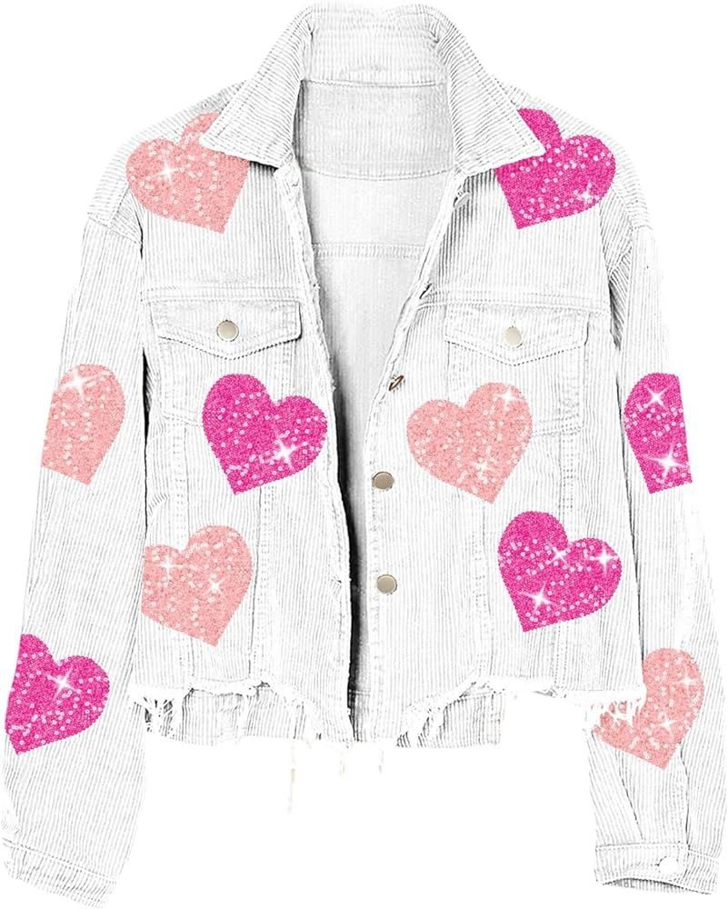 Loafawes Women’s Valentine's Day Heart Glitter Jacket Cropped Corduroy Coat with Frayed Hem | Amazon (US)