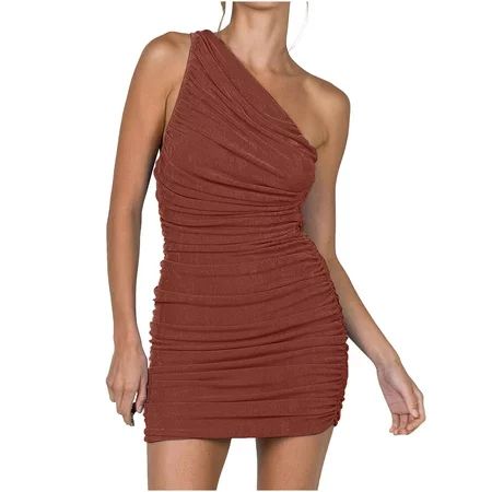 Tendency Club Dresses For Women One Shoulder Dress Ruched Dresses Brown Dress Sleeveless Dress Women | Walmart (US)