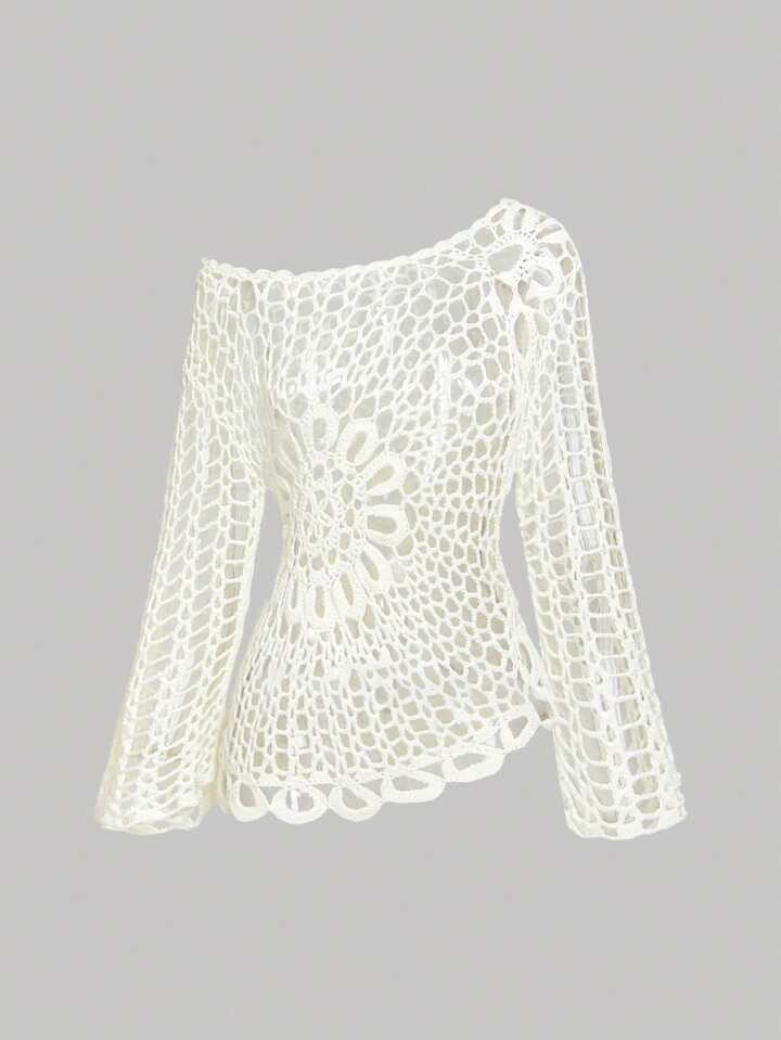 SHEIN MOD Women's White Crochet Beach Cover Up,Country Concert Outfit | SHEIN