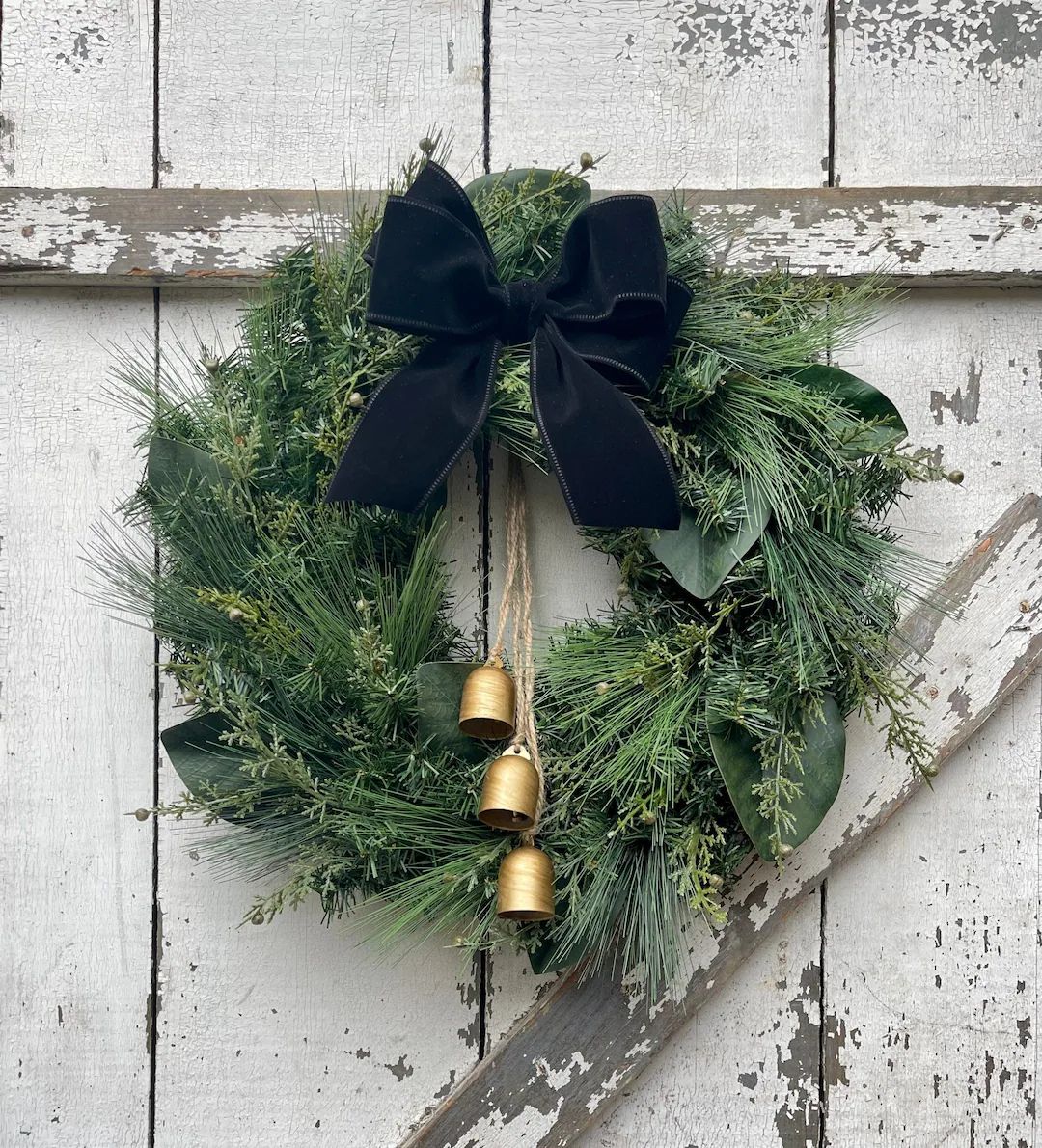 Pine Wreath With Gold Bells Modern Farmhouse Winter Wreath - Etsy | Etsy (US)