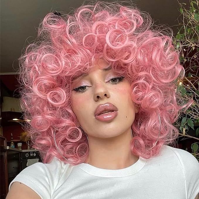 Tereshar Pink Curly Wig with Bangs Short Loose Curly Wigs for Black Women Heat Resistant Syntheti... | Amazon (US)