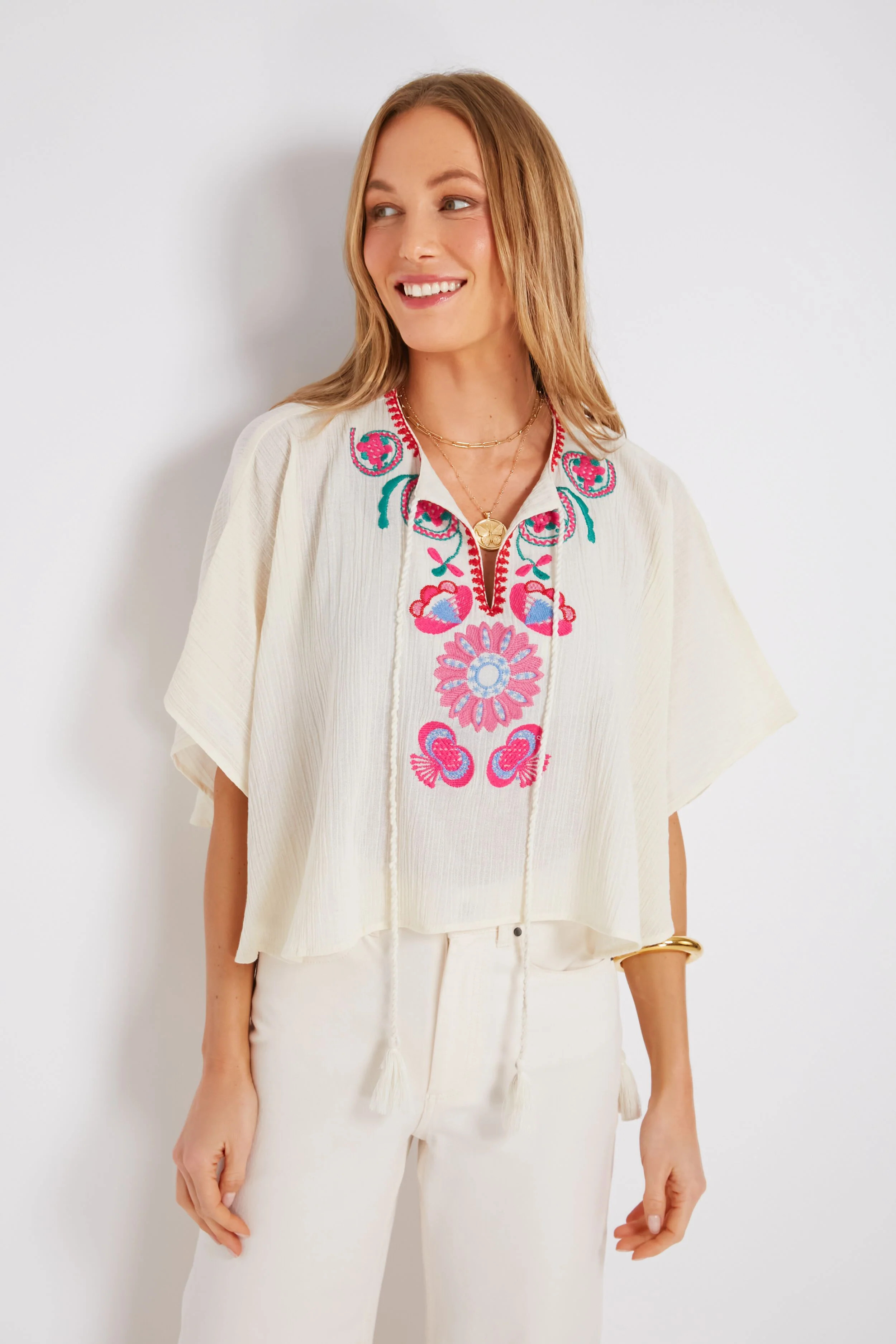 Cream Magoo Kaftan-Style Embroidered Top | Tuckernuck (US)
