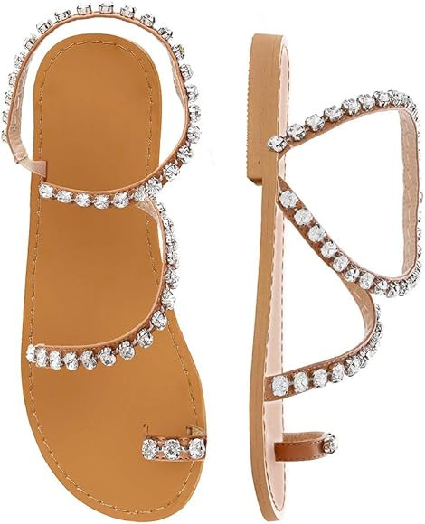 Women's Bohemia Bling Rhinestone Pearl Flat Gladiator Sandals Toe Ring Dress Shoes | Amazon (US)
