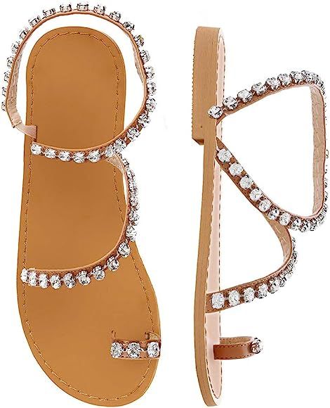 Women's Bohemia Bling Rhinestone Pearl Flat Gladiator Sandals Toe Ring Dress Shoes | Amazon (US)