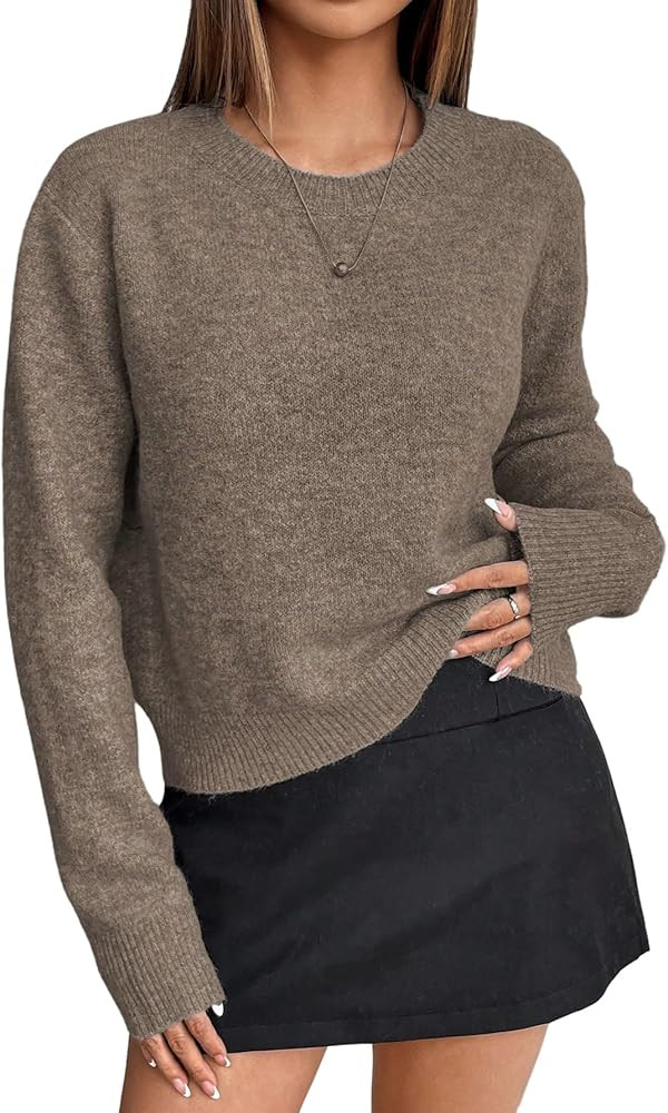 MakeMeChic Women's Cropped Pullover Sweater Crew Neck Long Sleeve Lightweight Knit Cozy Sweaters | Amazon (US)
