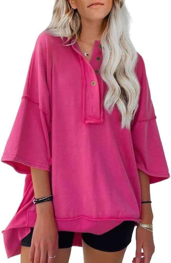 SHEWIN Women's Fashion Oversized T Shirts Casual Short Sleeve Henley Neck Summer Tops Tees | Amazon (US)
