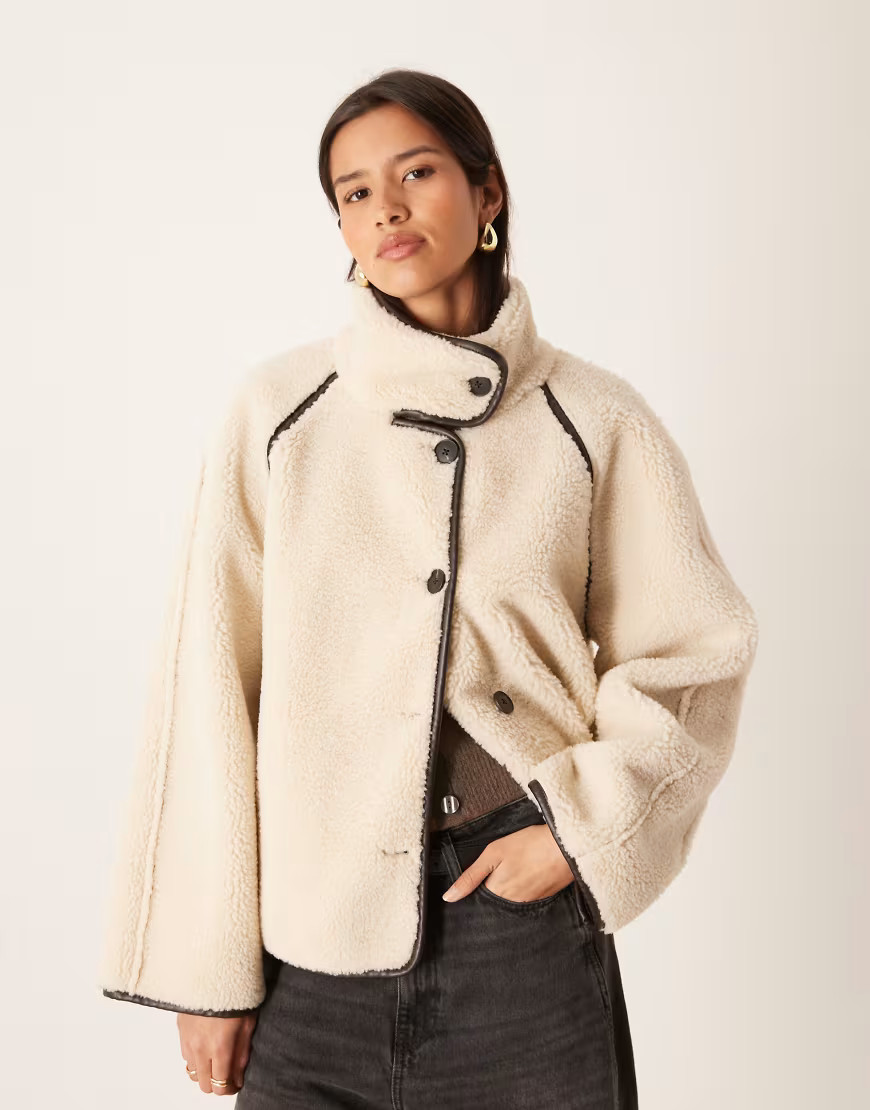 Gina Tricot oversized reversible borg jacket with high funnel neck in beige-Neutral | ASOS (Global)
