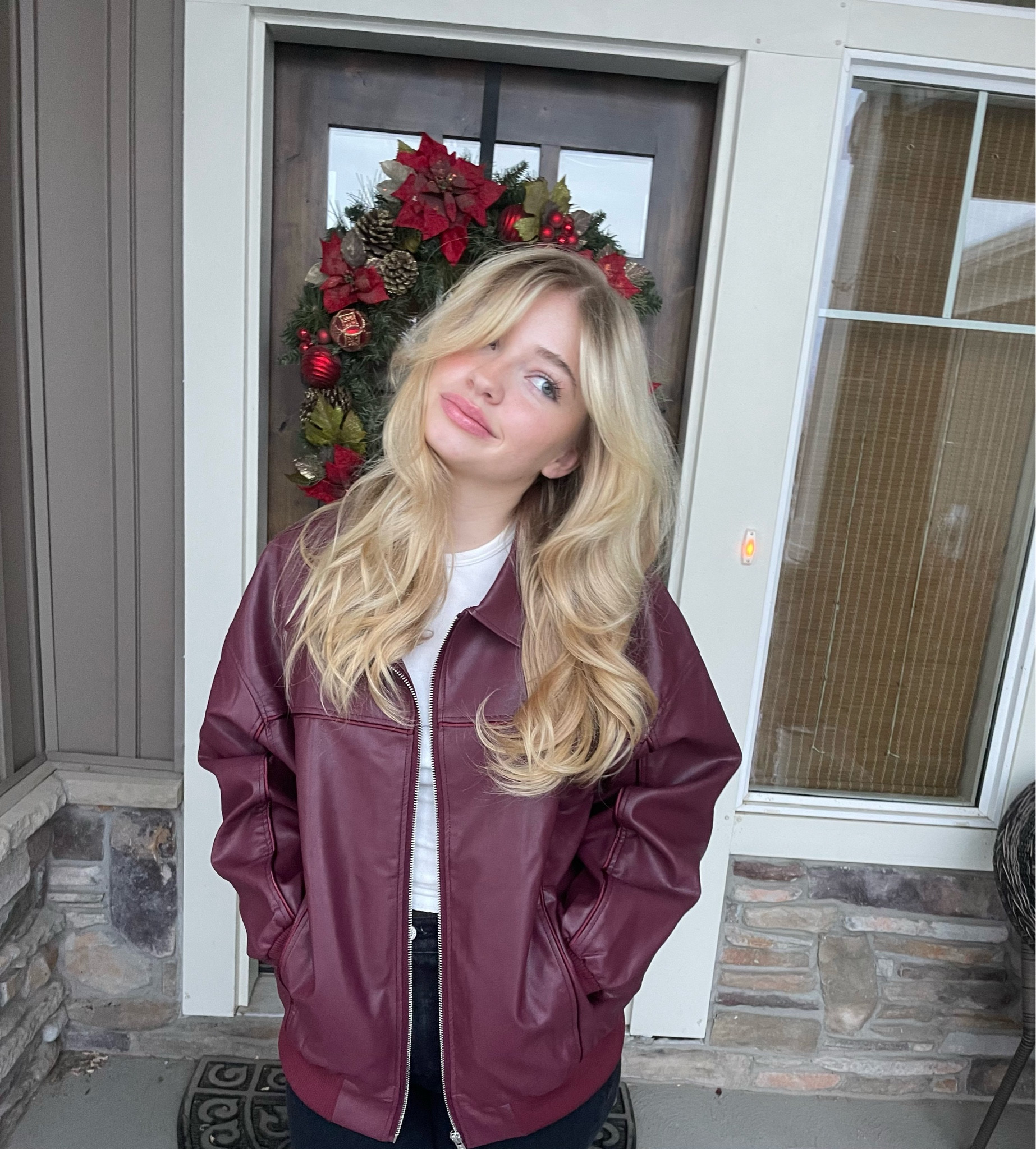 Burgundy leather bomber jacket, perfect for the cold weather. Has an oversized fit while not looking too baggy!

#LTKHoliday #LTKBump #LTKSeasonal