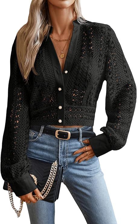 GORGLITTER Women's Crochet Hollow Out Crop Blouse Top Sheer Button Down Long Sleeve Elegant Shirt... | Amazon (US)