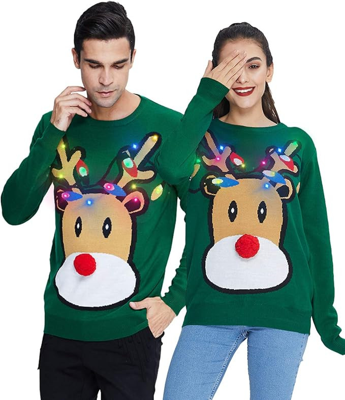 Idgreatim Women Men LED Ugly Christmas Sweaters Funny Pullover Long Sleeve Knitted Xmas Sweater J... | Amazon (US)