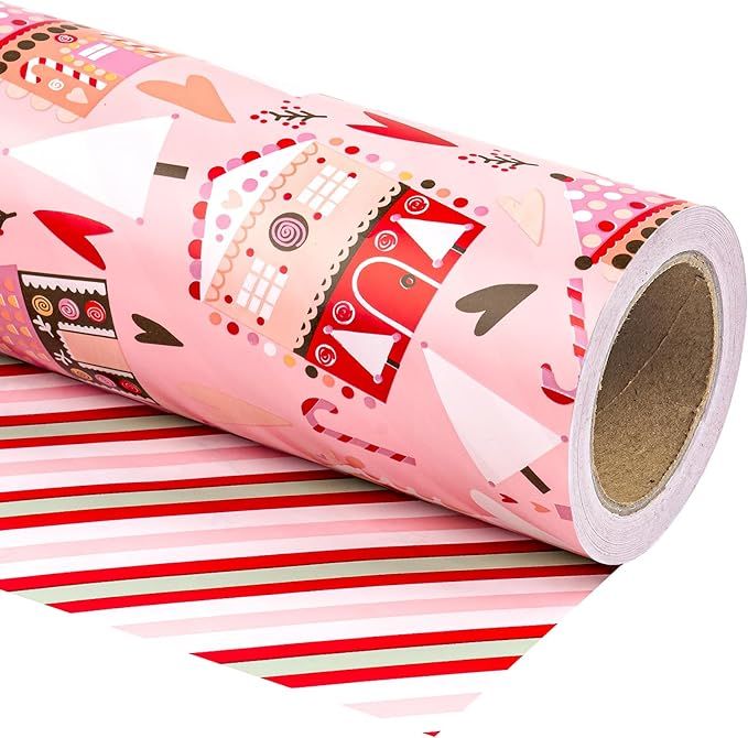WRAPAHOLIC Reversible Christmas Wrapping Paper - Mini Roll - 17 Inch X 33 Feet - Pink House with ... | Amazon (US)