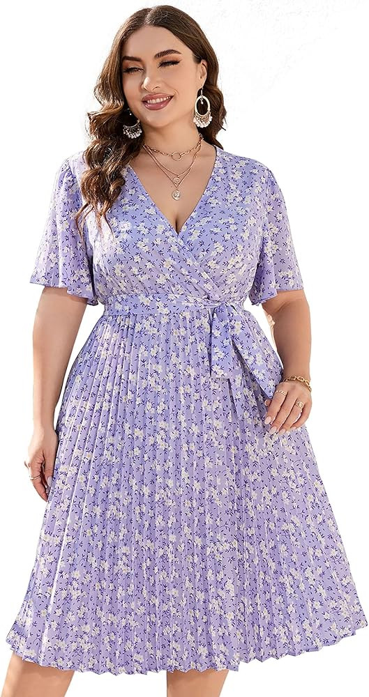 KOJOOIN Women Plus Size Wrap V Neck Pleated Hem Dress Short Sleeve Elegant A Line Midi Dress with... | Amazon (US)