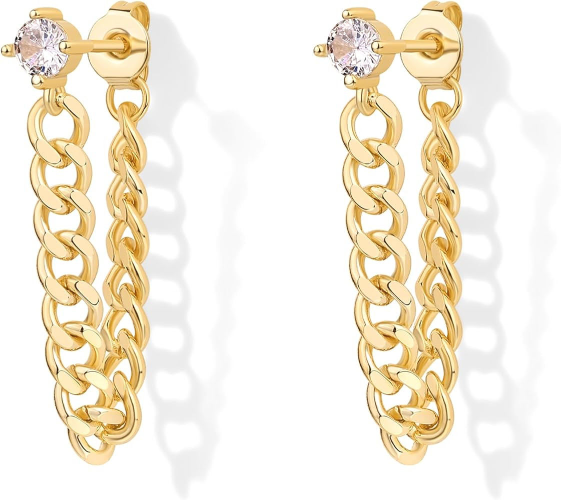 PAVOI 18K Gold Plated Sterling Silver Posts Dangle Chain Earrings for Women | Cubic Zirconia Stud... | Amazon (US)
