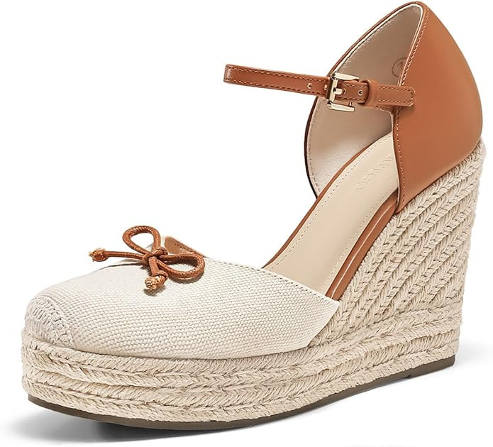 Coutgo Womens Platform Espadrilles Wedge Sandals Closed Cap Toe Bow Tie Ankle Buckle Strap Summer... | Amazon (US)