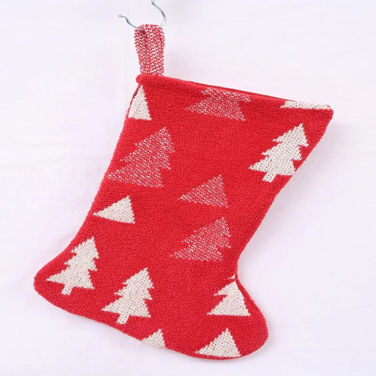 Holiday Time 7.5"X21" Tree Fuzzy Red Christmas Stocking | Walmart (US)