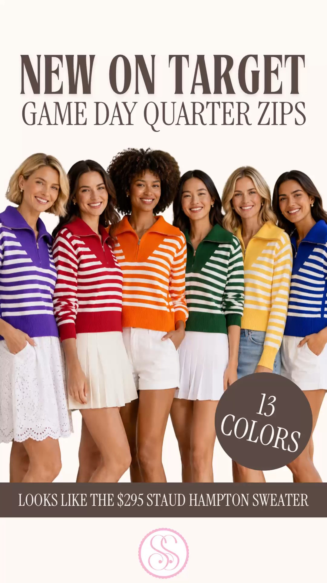 Staud Hampton sweater look for less | Target game day outfit | college football outfit | tailgate outfit | preppy quarter zip

The $295 Staud Hampton sweater look just landed on Target in 13 game day colors.

This Wild Fable quarter zip has the striped polo sweater details that make the Staud comparison click: turnover collar, quarter zip front, long sleeves, heavyweight cotton blend jersey, ribbed trim, regular fit, and a longer hem that works with skirts, shorts, denim, and leggings.

The color options are the best part. Purple and white, red and white, orange and white, green and white, yellow and white, blue and white. Pick your school colors, NFL team colors, or whichever combination makes the best fall outfit.

Wear it with a pleated skirt, white denim, denim shorts, athletic skort, straight leg jeans, cowboy boots, loafers, or white sneakers for college football games, tailgates, stadium outfits, SEC game day, Big Ten weekends, NFL games, alumni weekends, watch parties, sorority game day, football mom outfits, and fall travel.

Target game day collection, Target game day outfit, Target football outfit, Target fashion finds, Target style, Staud Hampton sweater look for less, Staud inspired sweater, striped quarter zip sweater, polo sweater women, game day sweater, college football outfit women, football game outfit, NFL outfit women, tailgate outfit women, SEC game day outfit, Big Ten game day outfit, stadium outfit, sorority game day outfit, football mom outfit, team color outfit, preppy fall outfit, sporty preppy style, fall sweater women, designer look for less

#LTKFindsUnder50 #TargetFinds #TargetStyle #GameDayOutfit #CollegeFootball #TailgateOutfit #PreppyStyle #LookForLess #FootballSeason

#LTKSeasonal #LTKWorkwear #LTKootd