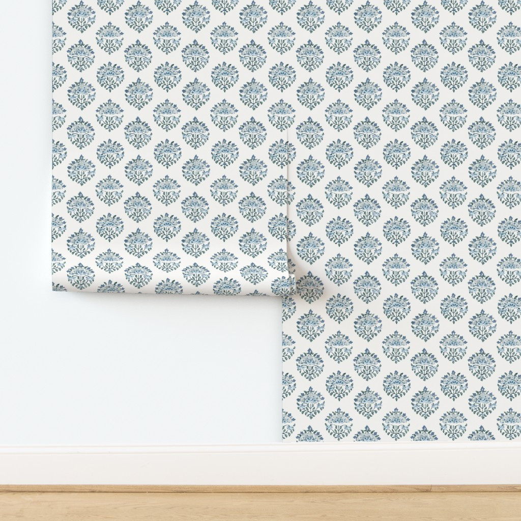 Wallpaper in Handblock Medallion 6 Blue on Whitney White | Spoonflower