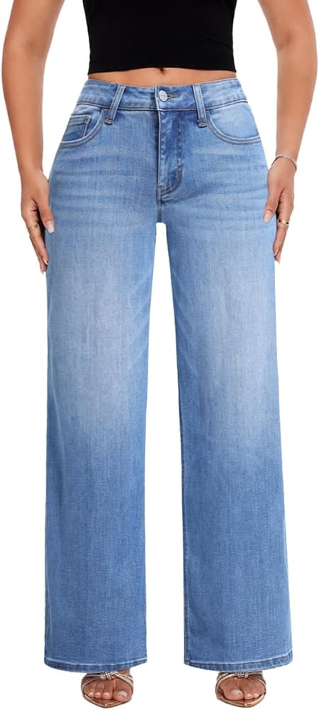 ONESO Wide Leg Jeans for Women Mid Low Rise Baggy Stretchy Denim Pants | Amazon (US)