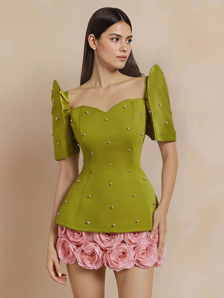 Amyenjoylife Summer Women's Fashionable Temperament Bubble Sleeve Short Sleeved Top(Excluding Ski... | SHEIN