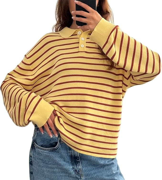Women Oversied Stripd Rugby Shirt Y2k Long Sleeve Button Collared Preppy Polo Sweater Vintage Aes... | Amazon (US)