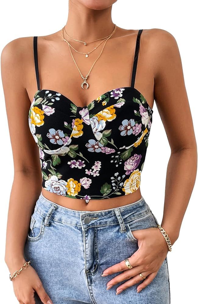 Verdusa Women's Floral Print Spaghetti Strap Sleeveless Slim Fitted Crop Cami Bustier Top | Amazon (US)
