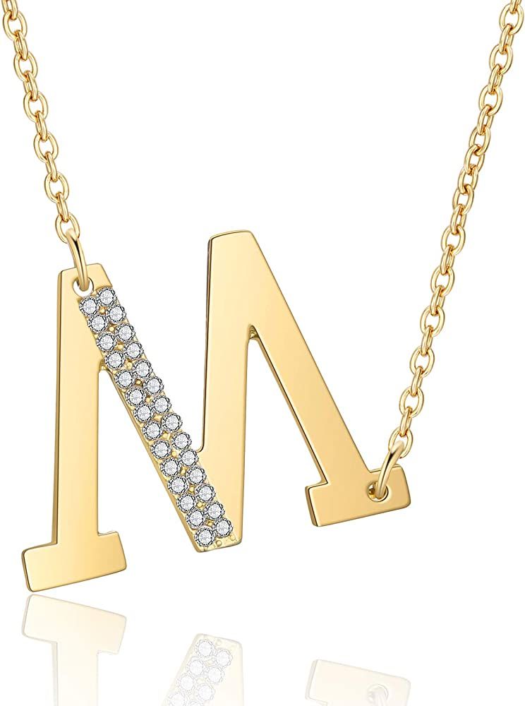 Gold Initial Necklaces for Women,18k Real Gold Plated Sideways Initial Necklace Diamond Letter Pe... | Amazon (US)