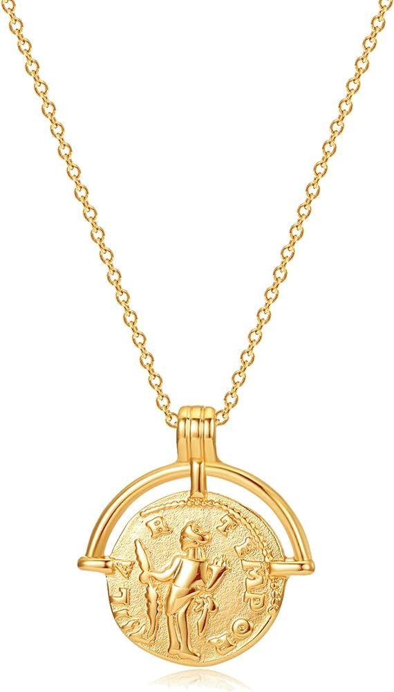 Coin Necklace 18k Gold Plated Vintage Textured Medallion Coin Pendant Round Circle Disk Dainty Ne... | Amazon (US)