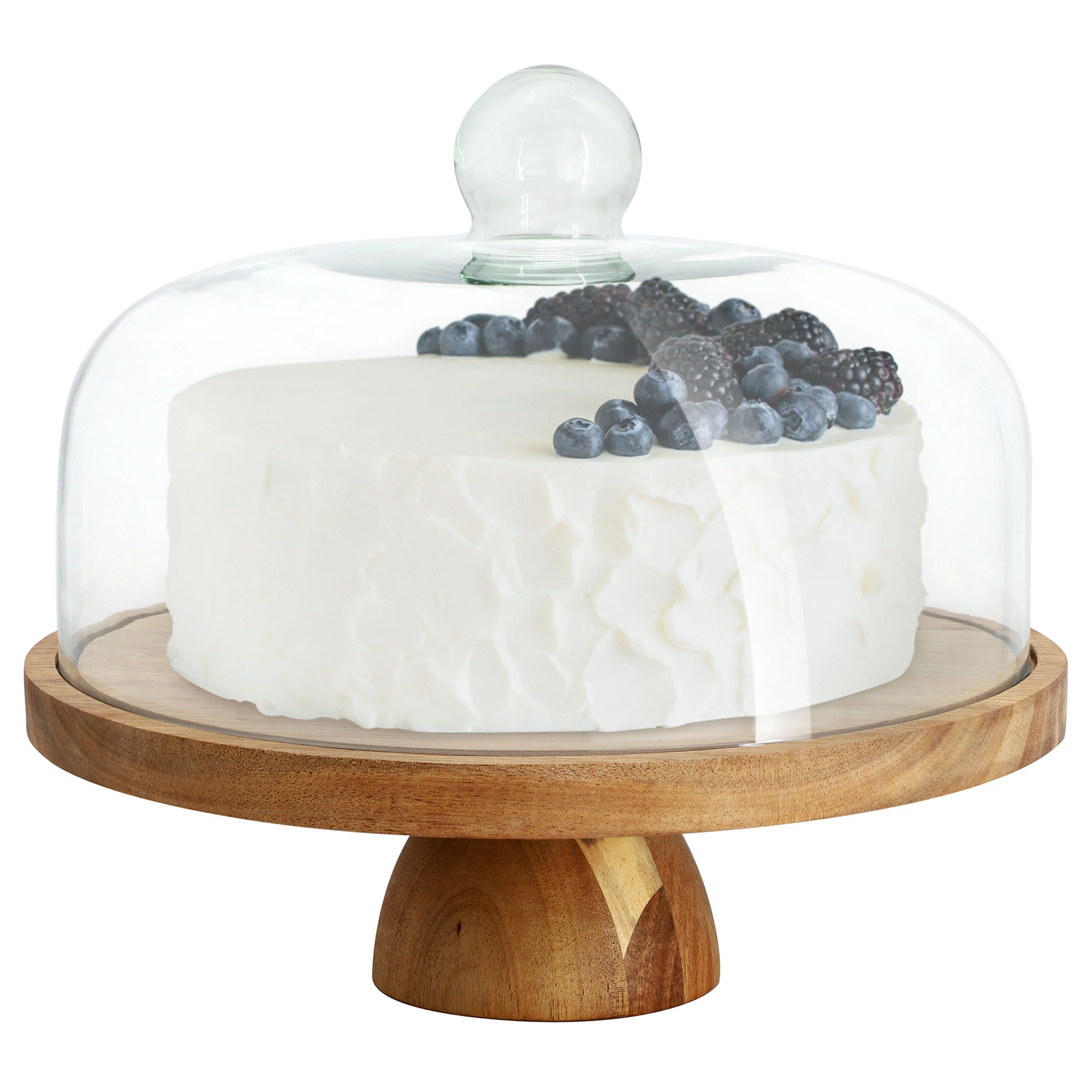 Reversable Footed Cake Stand Serving Tray in Acacia Wood with Glass Dome | Wayfair North America